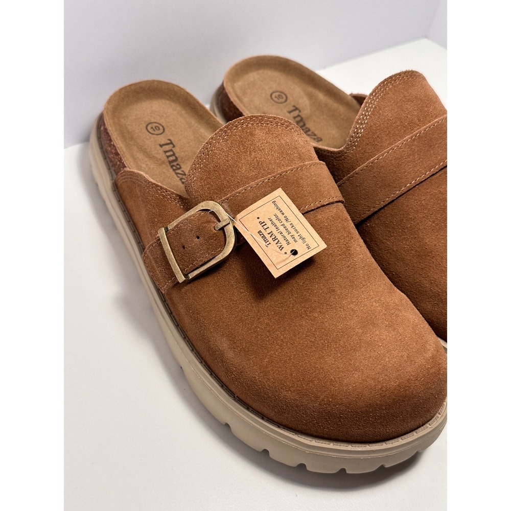 Tmaza Women Brown Suede Clogs Buckle Strap Platform Lug Sole Mules Size 10 NEW